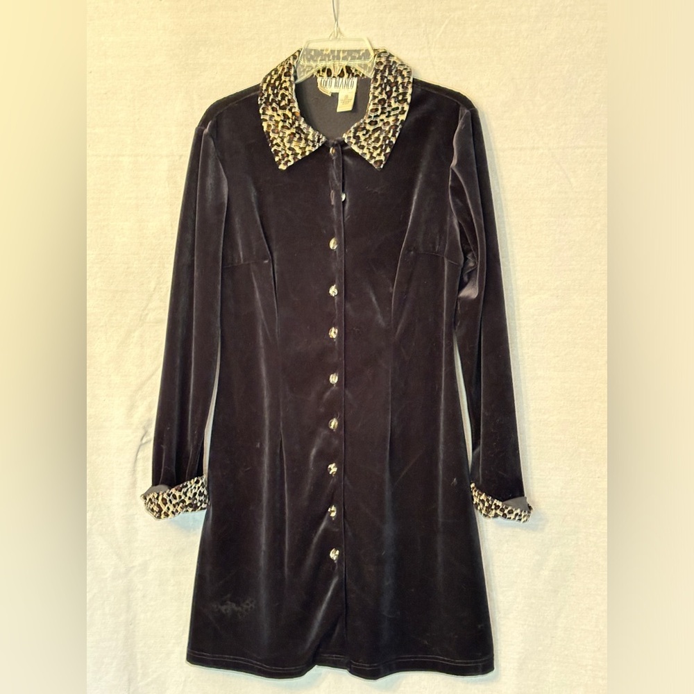 Black Velour Long-Sleeve Leopard Print Cocktail Dress by Coco Bianco